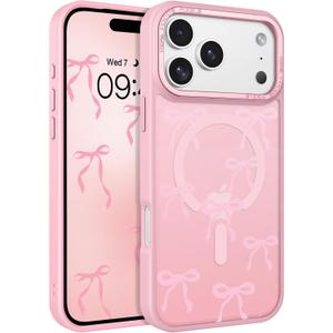BENTOBEN Magnetic for iPhone 17 Pro Max Case with Cute Ribbon Bows Pattern, [Compatible with MagSafe] Translucent Matte Anti-Slip Slim Women Girl Protective Cover for iPhone 17 Pro Max 6.9", Pink