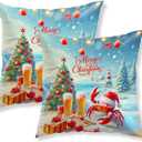 HOMETITUTE Pack of 2 Christmas Throw Pillow Covers 18x18 Inch Soft Decorative Crab Cushion Covers Holiday Beach Party Winter Christmas Pillow Cases Coastal Decor for Sofa Couch Bed Living Room