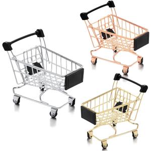 Hotop 3 Pieces Mini Shopping Cart Small Supermarket Cart Metal Shopping Utility Toys for Mode Desk Storage Decor (Sliver,Gold,Rose Gold)
