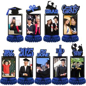 Spiareal 9 Pcs Graduation Decorations Class of 2025 Table Centerpieces Congrats Glitter Grad Honeycomb for Photo Toppers 2025 Congratulate Graduation Party Decor Favor Supplies(Blue)
