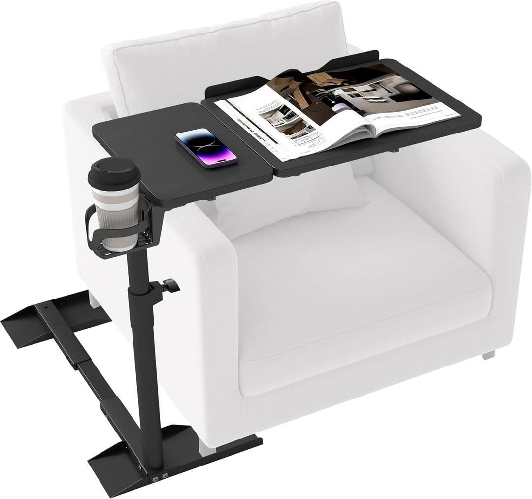 Height Adjustable Couch Armrest Table Tray  Tilting Top Swivel Side Table for Recliner, Sofa, Laptop, or Bed  Ideal for Eating, Reading, or Recovery Use (Black)