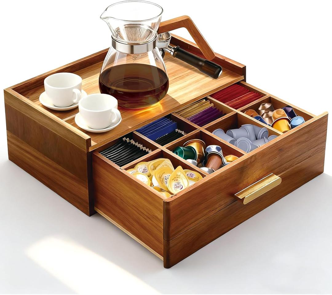Thick&Thin Acacia Wood Tea Bag Organizer, Tea Organizers and Storage Box With Removable Divider Drawer, Tea Bag Holder Station Caddy Container for Countertop, Tea Accessories Gift Box (1Pcs)