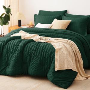 CozyLux King Size Comforter Set Emerald Green Seersucker 7 Pieces Bed in a Bag King Comforter Set with Sheets, Luxury Bedding Sets with Down Alternative Comforter, Sheets, Pillowcases & Shams