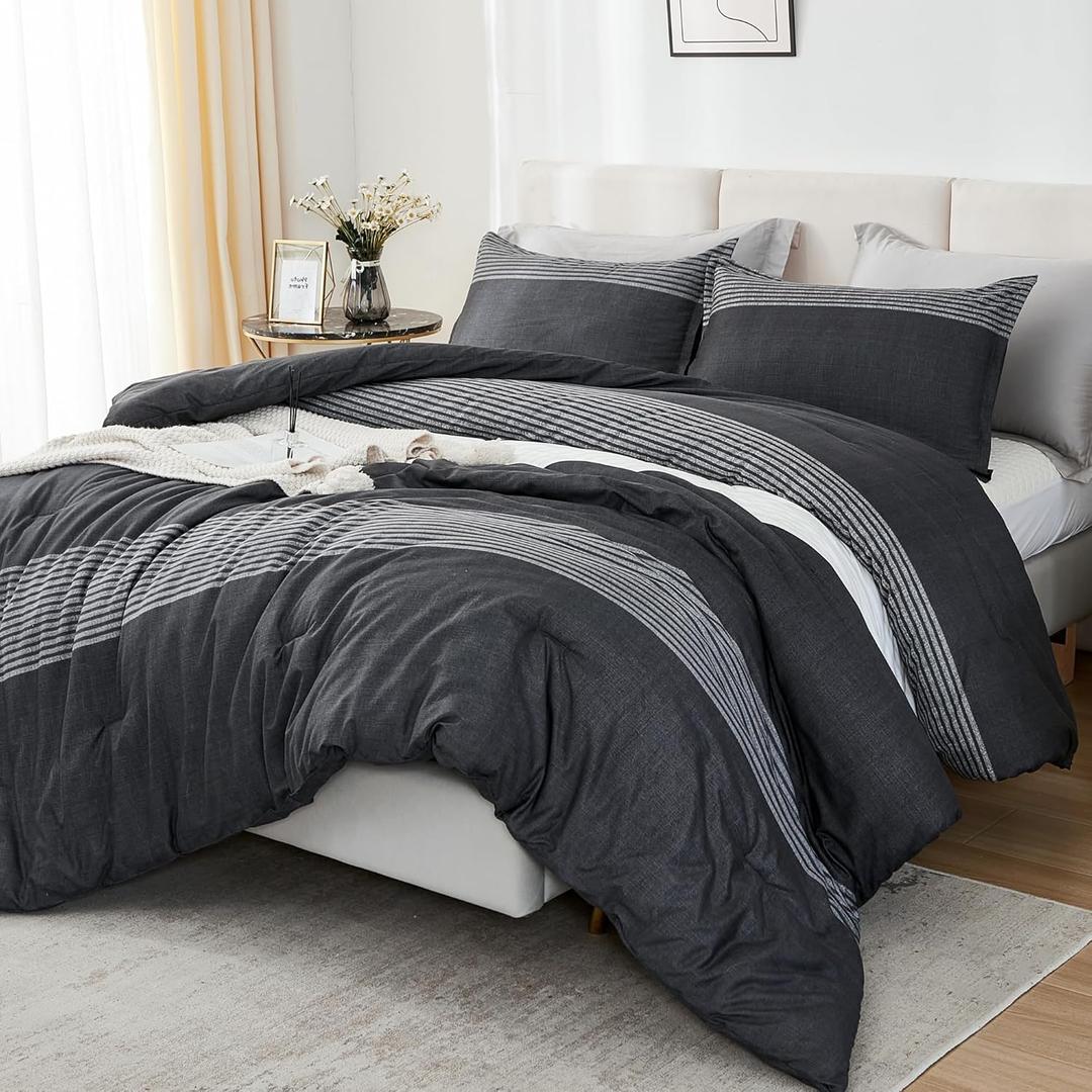 Litanika Oversized Alaskan King Comforter Set Black White Grey 128x120-3 Pieces Lightweight Colorblock Stripe Fluffy Bedding Comforter Sets, All Season Bed Set