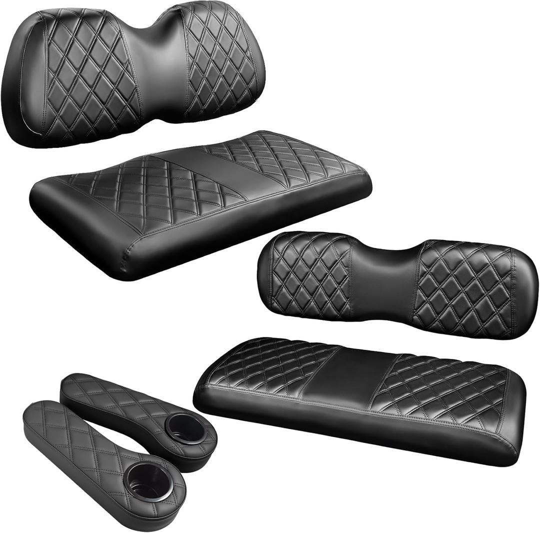 NOKINS 4PCS Golf Cart Front and Rear Diamond Seat Covers and Golf Cart Rear Armrest with Cup Holder Kit (Fits 1-inch Square Tube) for Yamaha/Club Car/EZGO (Black Stitching)