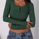 2 x PRETTYGARDEN Women's 2025 Summer Long Sleeve Henley T Shirts Ribbed Knit Button Slim Fitted Basic Casual Going Out Fall Tops (Green, XL)