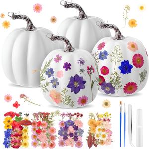 Leinuosen 104pcs 6.3'' Large DIY Fall Foam Pumpkin Craft Kit 4pcs White Foam Artificial Pumpkins Art and 100pcs Dried Flower for Girl Night Craft Fall Club Activity Thanksgiving Decor(Colored Flowers)
