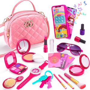Toddler Purse for Little Girls, Pretend Play Makeup Kits for Girl Toys Age 4-5 3-5 4-6, Kids Purse with Accessories, Pink Princess Toys for 3 4 5 6 Year Old Birthday Gifts