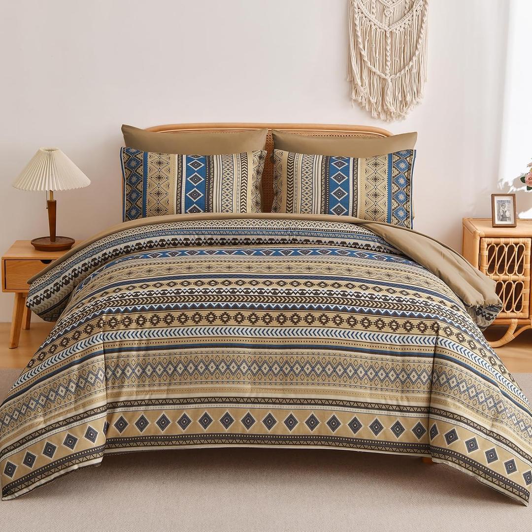 Mybedsoul Brown Boho Style Comforter Set 7 Pieces, Queen Size Aztec Bed in a Bag, All-Season Bedding Set with Sheets & Pillow Shams, Bohemian Geometric Striped Pattern