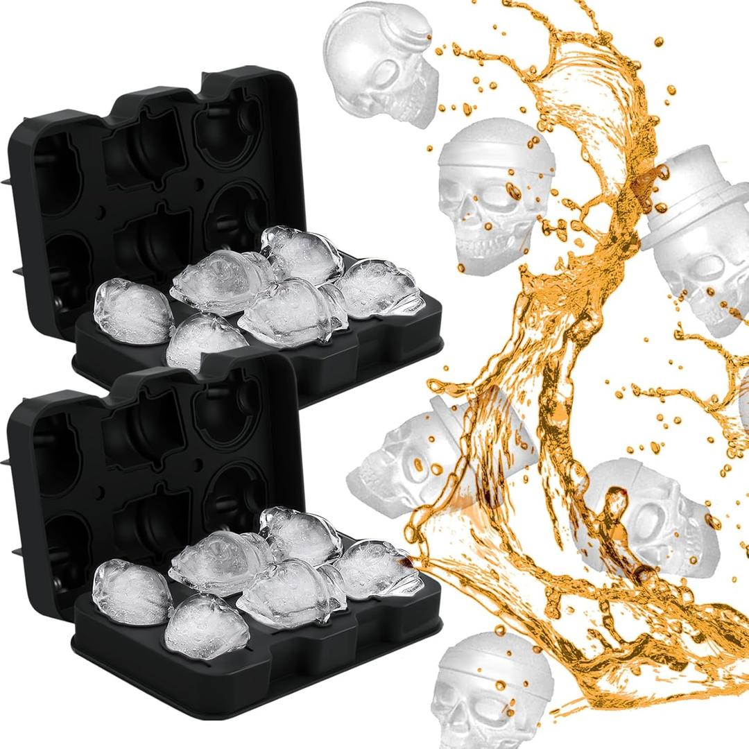 Hoolerry 2 Pcs 3D Silicone Skull Ice Cube Mold 6 Cavity Skull Head Ice Cube Tray Freezer with Funnel Flexible Novelty Silicone Mold for Whiskey Chocolate Candy Party Drinks White Elephant Gifting
