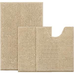 BYSURE Beige Bathroom Rugs Sets 3 Piece Non Slip Extra Absorbent Plush Chenille Soft Washable Bath Mats (1'5" x 2'8" (Rectangular x2, U Shape x1))