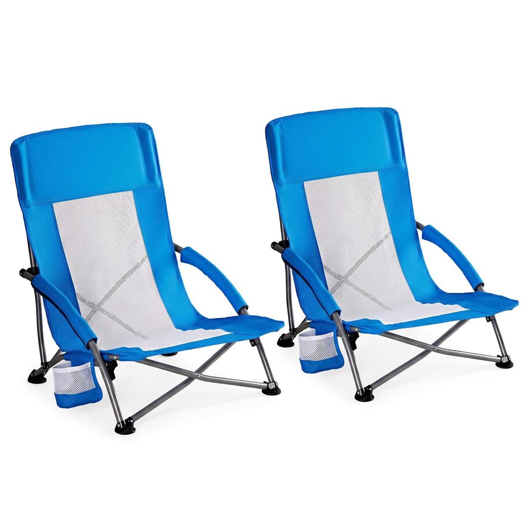 DUMOS Folding Camping Beach Chairs 2 Pack, Portable Low Beach Chair with Cup Holder, Storage Pocket, Breeze Mesh Back, Padded Armrests, Low Profile Chair for Camp, Picnic, Lawn, Sand, Sky Blue