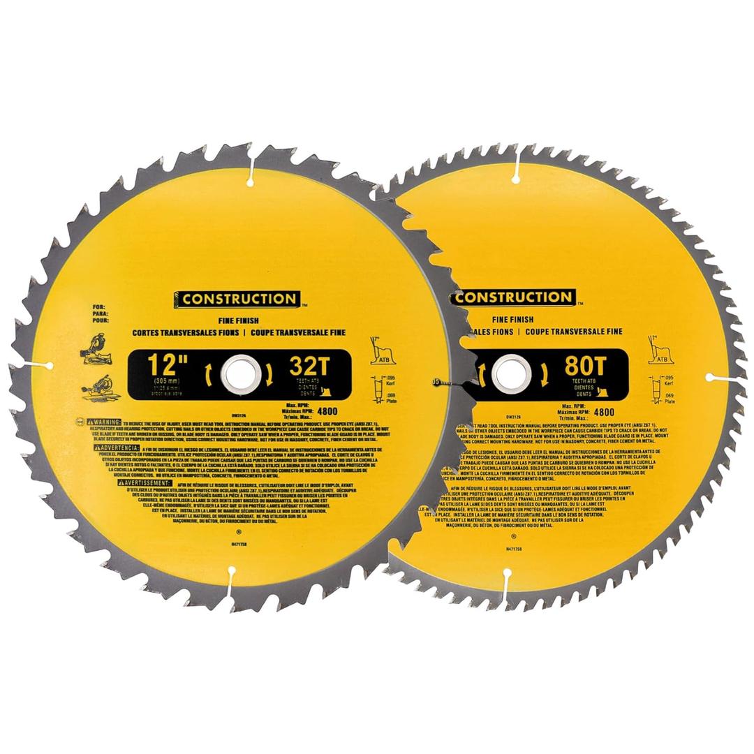 Upgraded (2-Pack) 12in Miter Saw Blade 80T&32T (dw-3128/dw-3123), Dw-3128P5, 12 Iinch Miter Saw Blades, Tungsten Carbide, Fine-Finish Professional Woodworking Circle Saw Blade