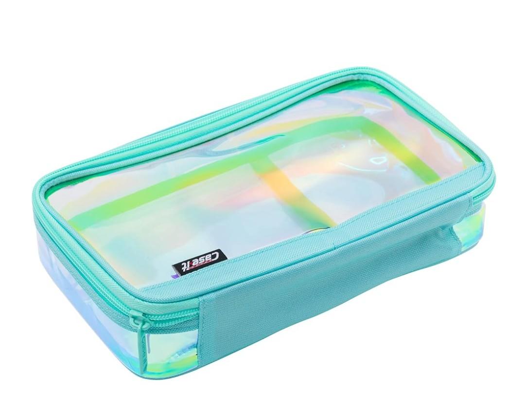 5 Pack Caseit Clear XL Pouch Clear Pencil Case, Clear Zipper Pencil Pouch, Transparent Pen Pouch, Travel Toiletry Bag, Cosmetic Bag, Stationary Bag for Office School, PLP18VC, Iridescent & Mint