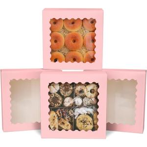 qiqee Auto-pop up Pink Pie Boxes with Window 10x10x2.5 inch 30Packs Cookie Donut Bakery Box