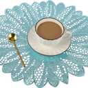 Round Blue 15 Inches Placemats Set of 6 for Dinner Table, Vinyl Metallic Hollow Out Flower Place Mats, Non Slip Heat Resistand PVC Table Mats