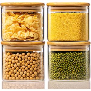 21oz - 4 Pack Square Glass Jars with Bamboo Lids, Glass Food Storage Containers with Airtight Lids, Air Tight Pantry Storage Containers for Coffee, Sugar, Spice, Meal Prep Jars for Salad & Fruit