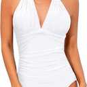 Tempt Me Women One Piece Swimsuits Tummy Control Halter Bathing Suits Sexy Ruched Slimming Swimwear (White)
