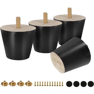 FoDau770 Black Rubber Wood Furniture Legs 2 Inches, Straight Tapered Wood Feet Mid Century Sofa Legs Set of 4, 5/16" UNC Furniture Feet for Cabinet Couch Dresser Chair Ottoman Table