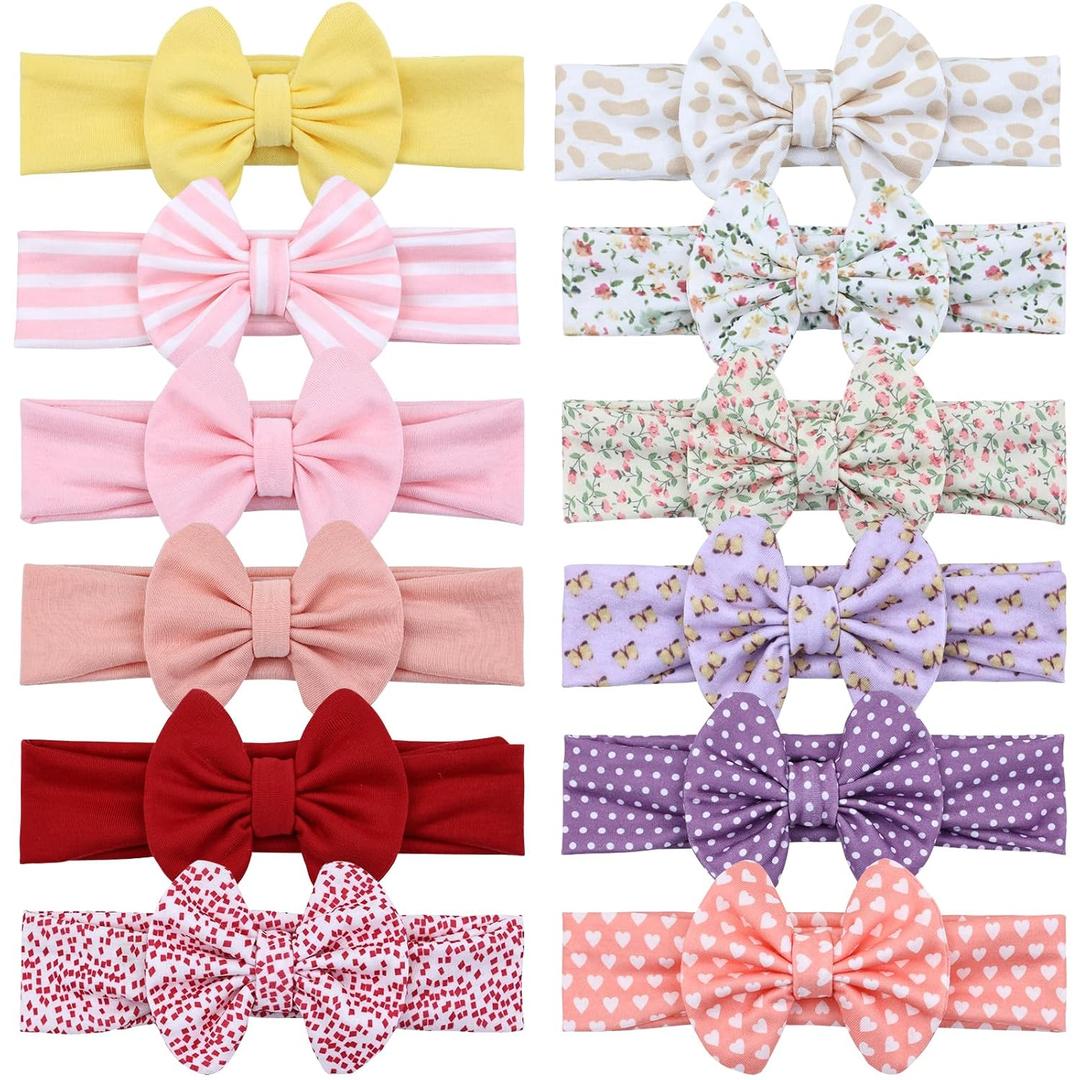 Cinaci 12 Pieces Soft Stretchy Solid Striped Floral Print Baby Girl Bow Headbands Hair Bows Bands Headwraps Accessories for Baby Girls Infants Toddlers
