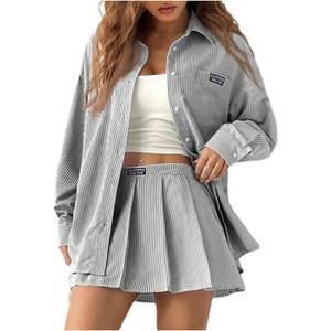 MakeMeChic Women's Two Piece Fall Outfit Striped Button Down Shirt and Pleated Skirt Matching Set (Black and White)