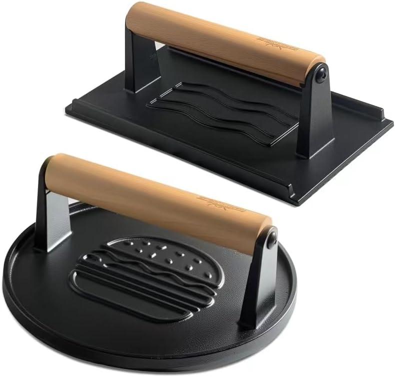XUDAKAIXIN Cast Iron Smash Burger Press (2PCS),Grill Bacon Meat Press Tool,Perfect for Blackstone, Camp Chef, Weber Grills & Indoor Griddles BBQ & Cookout Must-Have (Round & Rectangle -Grooved)