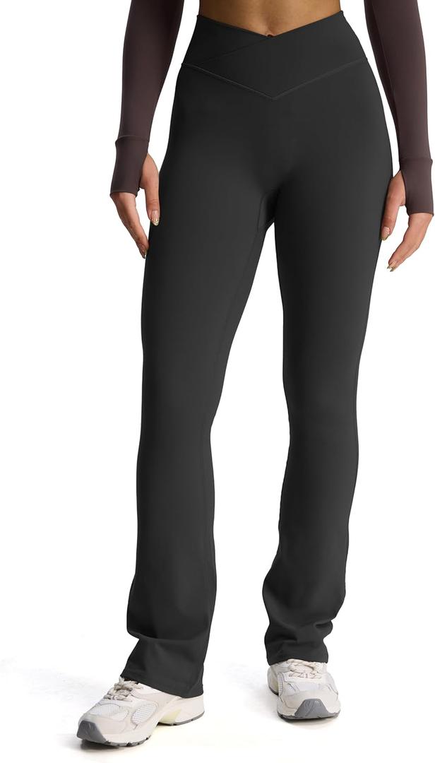 Aoxjox Flare Leggings for Women Trinity Tummy Control High Waisted Wide Leg Crosswaist Yoga Pants 31" (Black, Large)