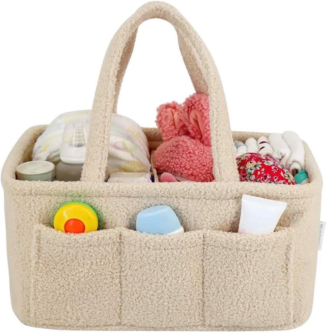 Baby Diaper Caddy Organizer  Soft Beige Sherpa with 3 Removable Compartments & 6 Side Pockets  Perfect Nursery Storage Bin & Car Organizer for Diapers, Baby Wipes, and Essential Supplies.