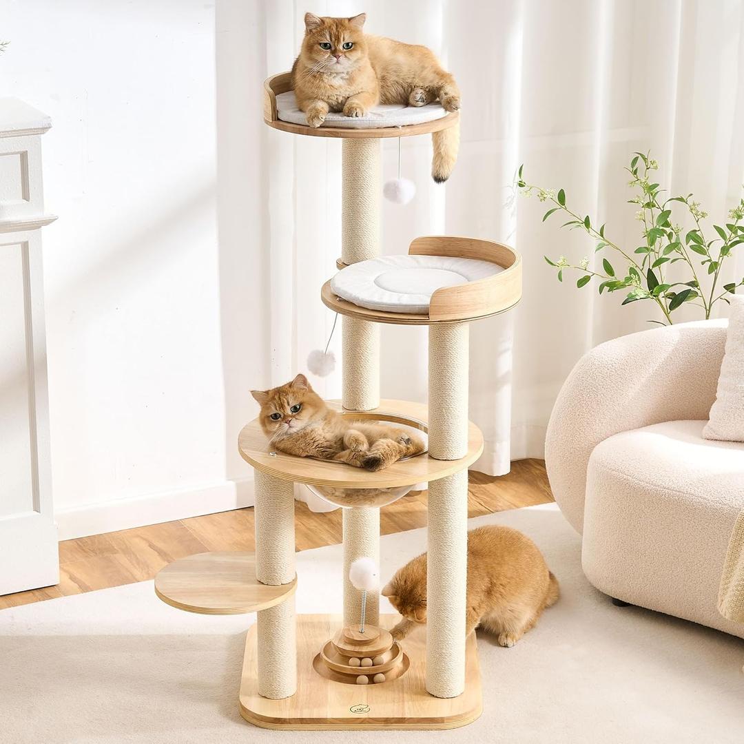 797Audio Modern Solid Wood Cat Tree Tower, 49" Tall Cat Tree with Sisal Scratching Posts and Capsule for Adult Cats, Natural Oak Wooden Cat Tower,Aesthetic Multi-Level Cat Climbing Tree for Indoor Cat