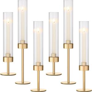 Gold Hurricane Candle Holders, Brass Candlestick Holders Set of 6 Tall Taper Candle Holders for Candlesticks Candle Sticks Holder Decor for Table Centerpiece Wedding Party Christmas Decorations - 6Pcs