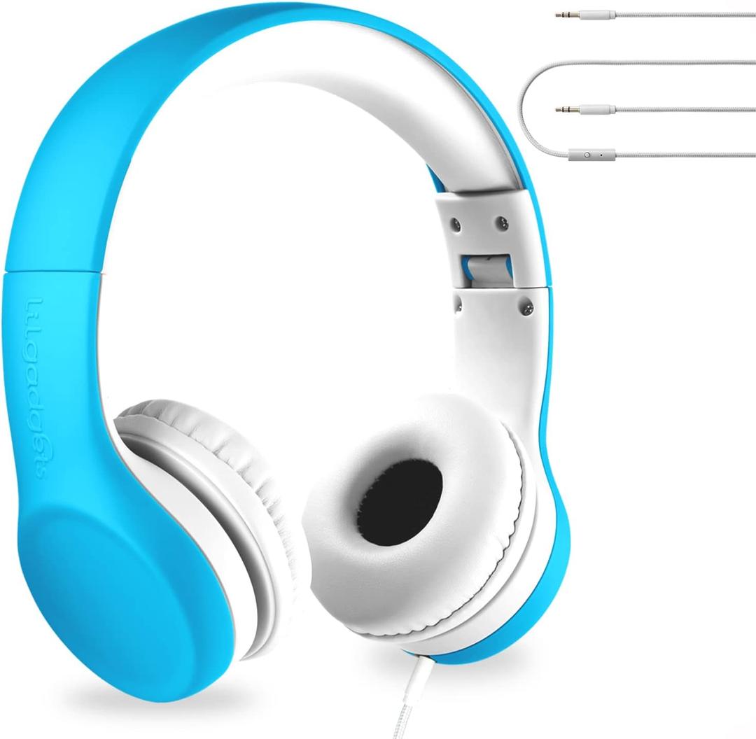 LilGadgets Connect+ Wired Kids Headphones for School with Mic, Foldable, Volume Limiting & Noise Reduction, On-Ear Headset with Cord, SharePort Technology & SoftTouch Padding, Blue