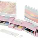 OPNICE Pink Desk Organizers and Accessories for Women, Dual Computer Monitor Stand Riser with Drawer and 2 Pen Holders, Office Desk Accessories, Workspace Desktop Organization for Office Supplies