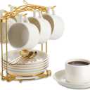 YOLIFE Espresso Cups with Saucers Set and Gold Metal Stand, 4oz Coffee Espresso Cups Set of 6, Ceramic Expresso Shots Cup with Stand & Saucers, White