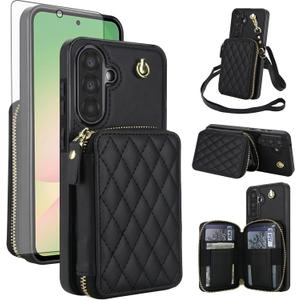 Phone Case for Samsung Galaxy A36 5G Wallet Cell Cover with Tempered Glass Screen Protector Wrist Crossbody Strap Stand RFID Blocking Credit Card Holder Slot A 36 36A LTE SM-A366U Women Girls Black