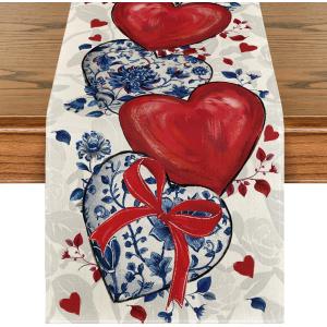 Artoid Mode Blue and White Porcelain Heart 210 GSM Valentine's Table Runner, Red Bow Kitchen Dining Table Decoration for Home Party Decor 13x90 Inch