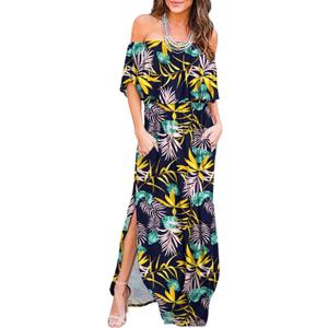 LILBETTER Womens Off The Shoulder Ruffle Party Dresses Side Split Beach Maxi Dress (Large, Mixed Leaves)