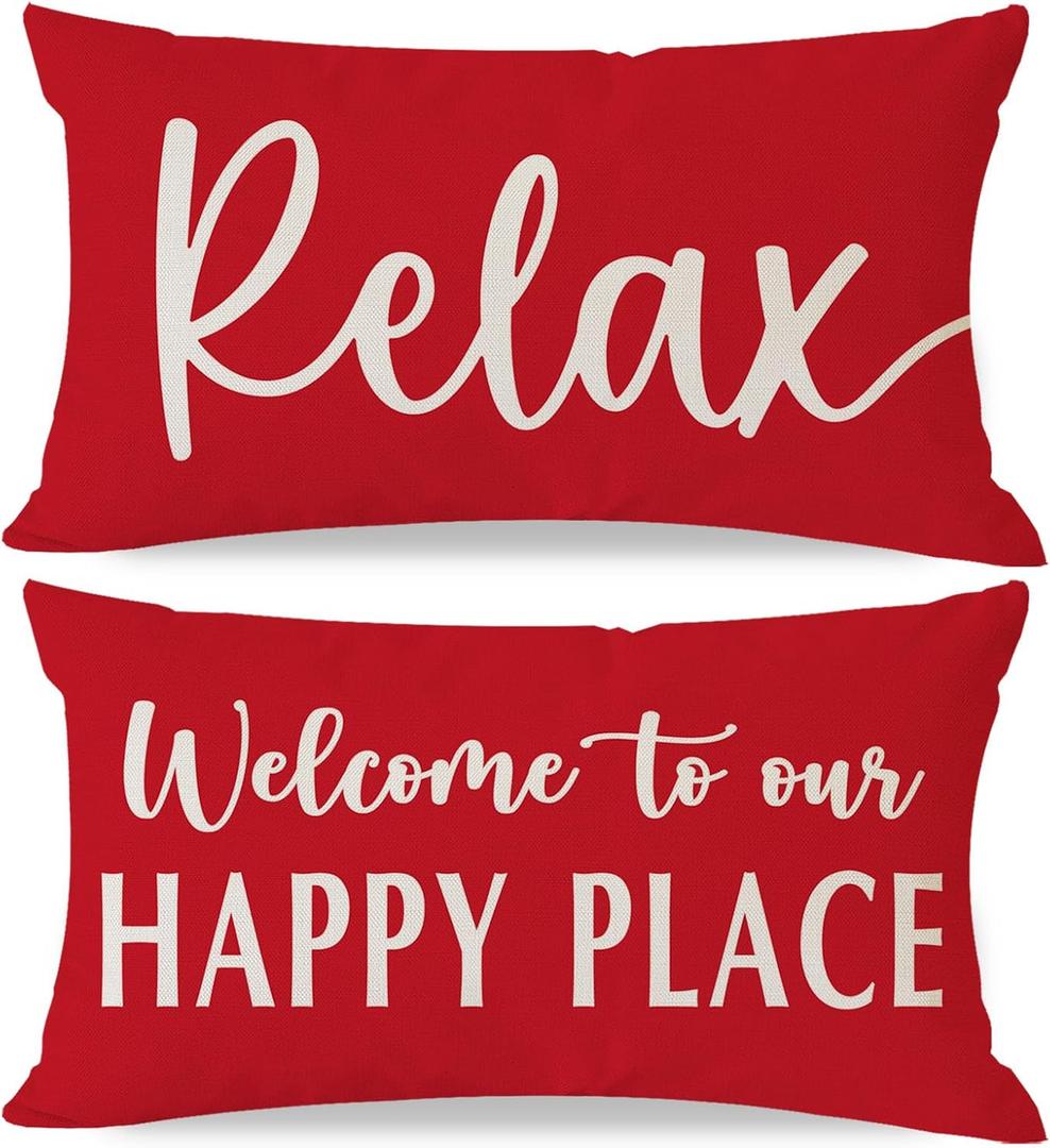 Welcome to Our Happy Place Relax Decorative Throw Pillow Covers 12x20 Inch Set of 2 Red Outdoor Rustic Farmhouse Porch Decor Cozy Lumbar Cushion Case Decoration for Home Sofa Couch Living Room