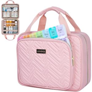 Leudes Travel Pill Bottle Organizer,Medicine Organizer and Storage,Home Medication Bag, Cases,Carrier for Pills,Vitamin,Fish Oil,Supplements for Women and Men (Large, Pink)