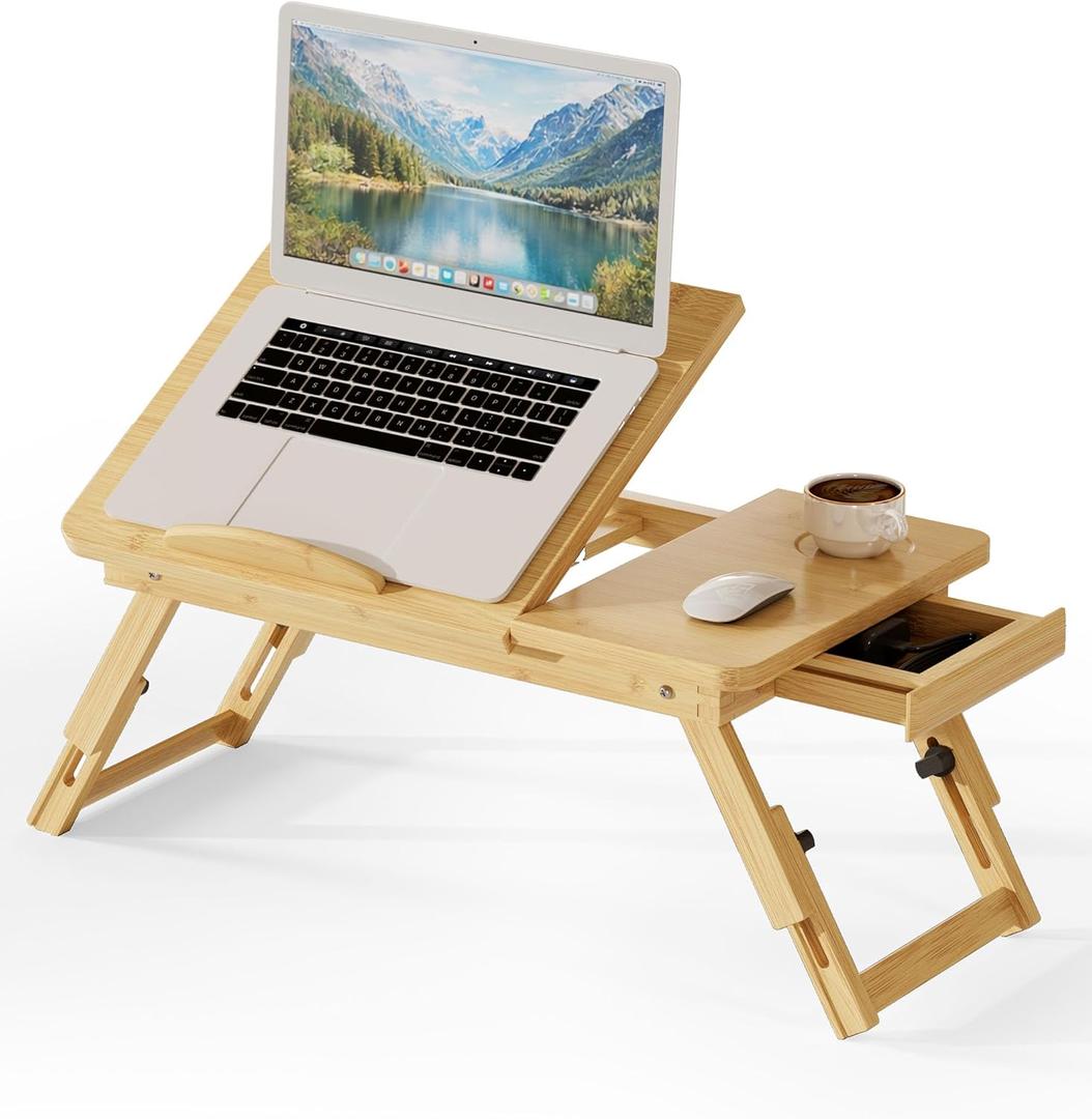 Bamboo Lap Desk, Adjustable Bed Desk with 4 Angle Options & Folding Design Lap Desks for Adults, Ideal for Bed, Writing, Office Work, Drawing, Sofa & Travel, 11.8"D x 22.8"W x 9"H