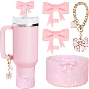 Sparkling Water Bottle Accessories Set for Stanley Cup ,2Pcs Bow Straw Cover Caps Straw Toppers,1Pcs Cute Bow and Heart Handle Charm and 1Pcs Bow Bling Silicone Boot for Stanley 30&40oz Tumbler (Pink)