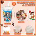 Funnymoom 12 Sets 34 oz Basketball Plastic Drink Buckets with Lid and Straws with Basketball Stickers Clear Drink Cup Disposable Cocktail Rum Buckets Reusable for Sport Party Favors Prize