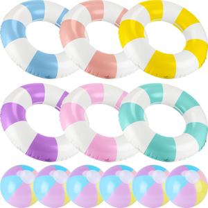 12 Pcs Pool Floats Included 6 Pastel Inflatable Beach Balls and 6 Swimming Rings for Adults, Macaron Beach Balls Striped Tubes for Summer Pool Supplies