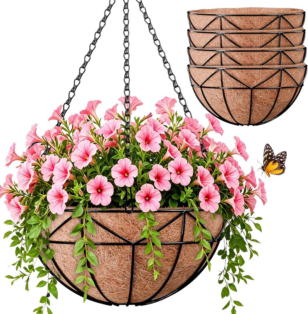 Halatool 4 Pack 14 Inch Hanging Baskets for Outdoor Plants, Heavy Duty Basket with Coco Liners, Rust-Proof Hanging Planters for Patio Fence Balcony Decor Trailing Vines Ferns Succulents Herbs