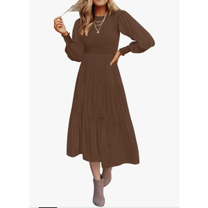 ZESICA Women's Casual Long Sleeve Crew Neck High Waist Smocked Flowy Tiered Midi Dress Size Medium