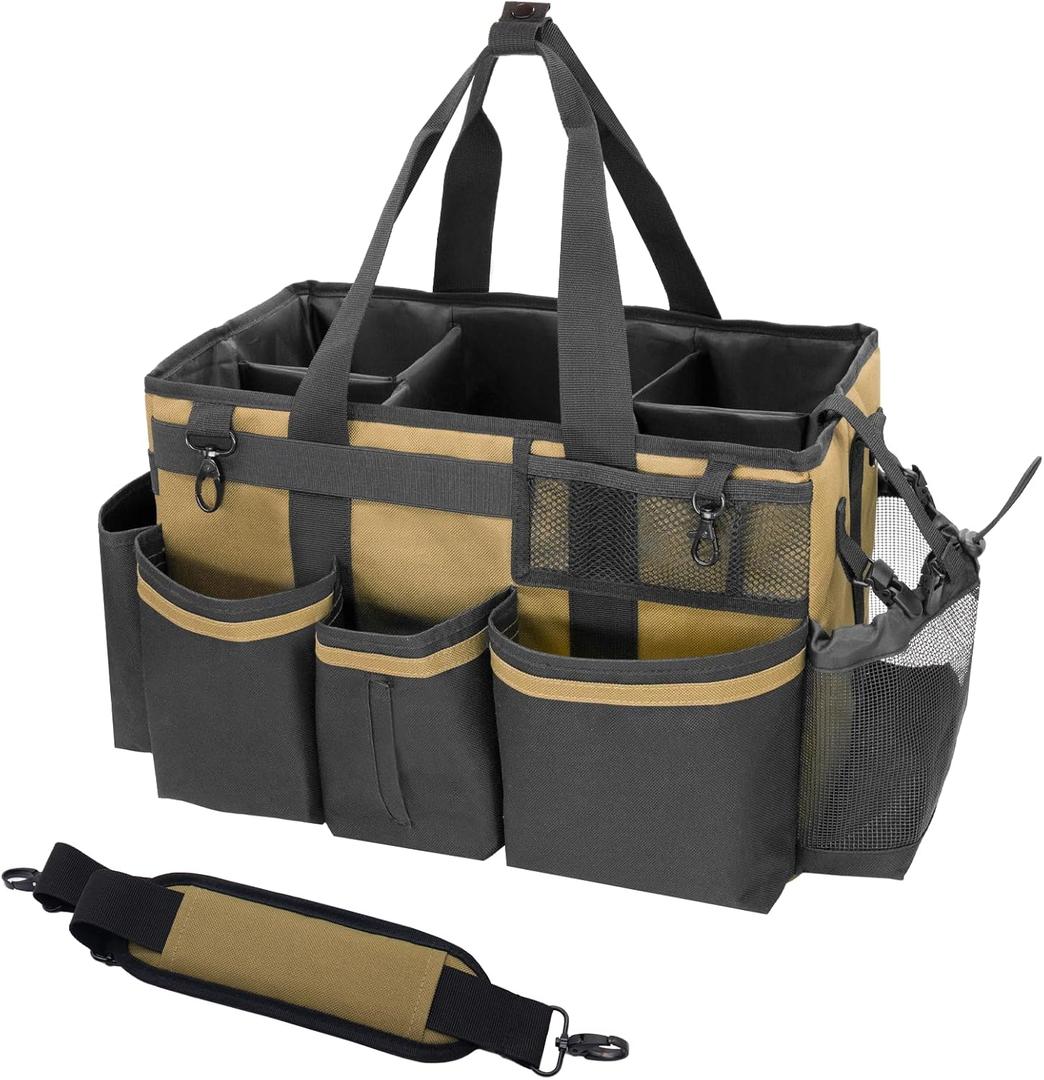 Wearable Cleaning Caddy Organizer with Handle & Shoulder Straps for Housekeepers, Under Sink & Car Cleaning Tool Organizer Bag with 4 Foldable Dividers (Tan) Wearable Cleaning Caddy Organizer with Handle & Shoulder Straps for Housekeepers, Under Sink & Car Cleaning Tool Organizer Bag with 4 Foldable Dividers (Tan)