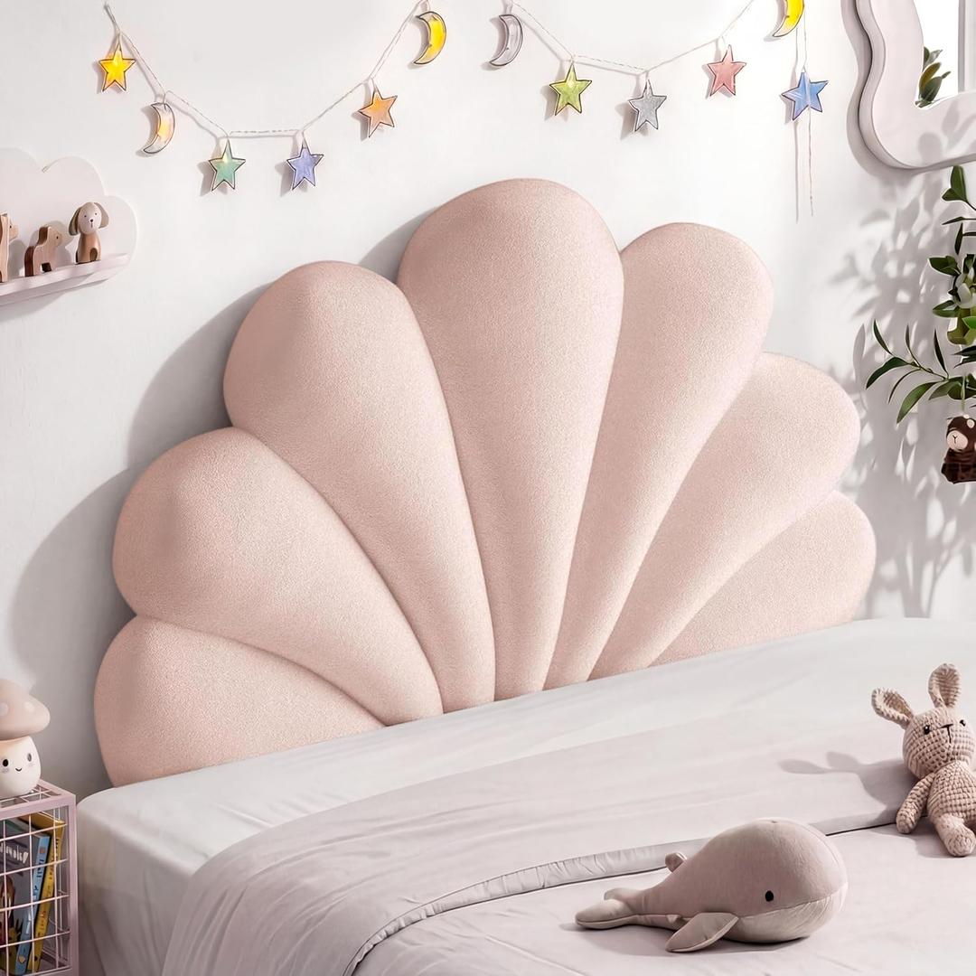 Queen Size Seashell Headboard Cushion, Soft PP Cotton Filled Upholstered Shell Headboard Pillow, Aesthetic Scalloped Wall Panel Free Standing, Coastal Decor for Teen Grils Bedroom (Pink)