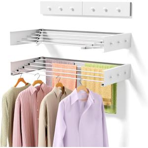 Upgrade Laundry Drying Rack, 31.5" Drying Rack Clothing Wall Mounted,Foldable, 5 Aluminum Rods with 6 Hooks, Space-Saving White Collapsible Drying Racks Hanger for Laundry Bathroom