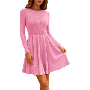 Zenlonr Women's Fall Dresses 2025 Casual Long Sleeve Ribbed Knit Crewneck Short Dress Flowy A-Line Party Dresses (Pink, L)