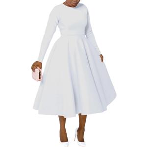 Women's Vintage Swing Dresses Long Sleeve A Line Casual Party Cocktail Church Formal Maxi Dress with Pockets (White, XL)