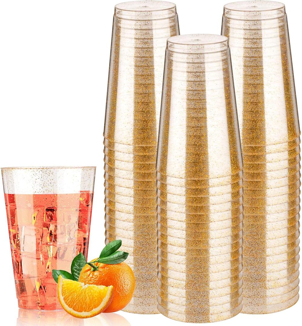 Goodluck 14 oz 50 PCS Gold Glitter Plastic Cups, Disposable Glitter Cups, Elegant Plastic Cocktail Glasses, Fancy Party Cups for Wedding, Birthday, Holiday